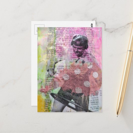 Retro Hula Hoop Dans Mixed Media Collage Briefkaart (Voorkant / Achterkant in situ)
