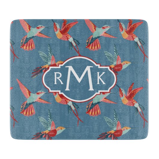 Retro Hummingbird Patroon | Monogram Snijplank (Voorkant)