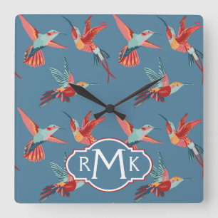 Retro Hummingbird Patroon Monogram Vierkante Klok