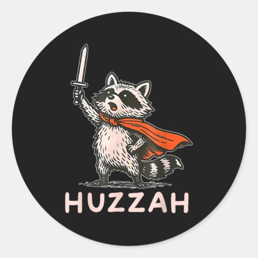 Retro Huzzah Raccoon Knight Funny Sword Meme Quote Ronde Sticker (Voorkant)