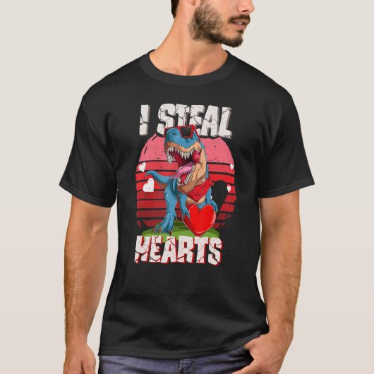 Retro I Steal Hearts Valentines Day Dinosaur Boys  T-shirt (Voorkant)