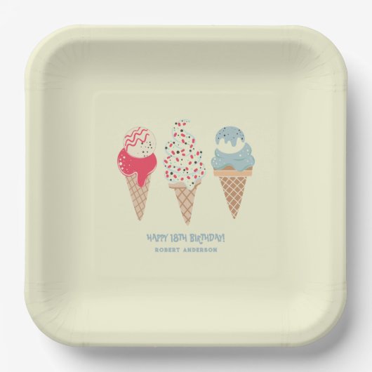 Retro Ice Cream Cone 18e Verjaardag Custom Papieren Bordje (Voorkant)