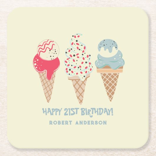 Retro Ice Cream Cone 21st Verjaardag Custom Kartonnen Onderzetters (Voorkant)