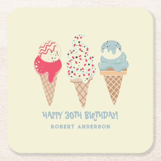 Retro Ice Cream Cone 30th Verjaardag Custom Kartonnen Onderzetters (Voorkant)