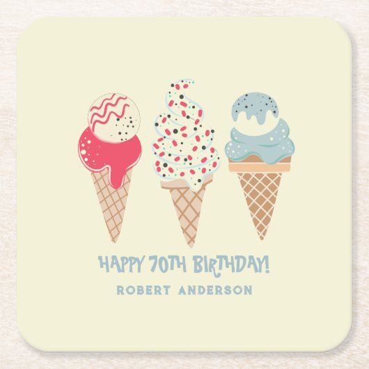 Retro Ice Cream Cone 70th Verjaardag Custom Kartonnen Onderzetters (Voorkant)