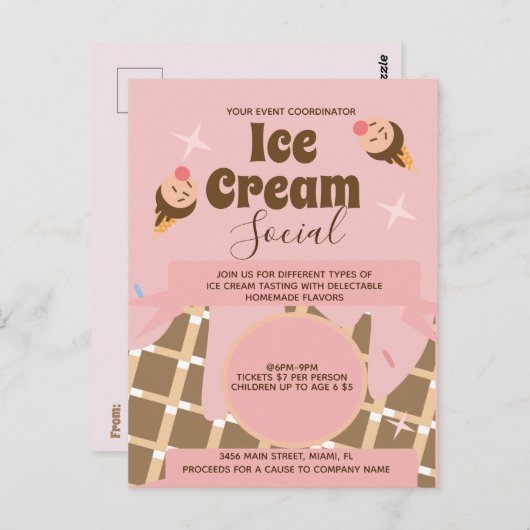 Retro Ice Cream Cone Social Flyers Invitation Roze Briefkaart (Voorkant / Achterkant)