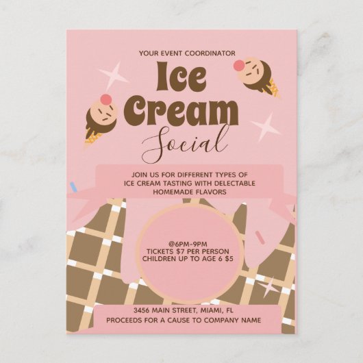 Retro Ice Cream Cone Social Flyers Invitation Roze Briefkaart (Voorkant)