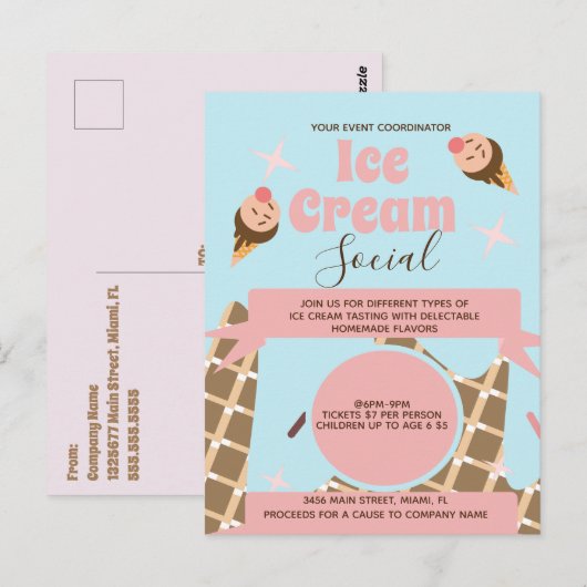 Retro Ice Cream Cone Social Flyers Invitation Roze Briefkaart (Voorkant / Achterkant)