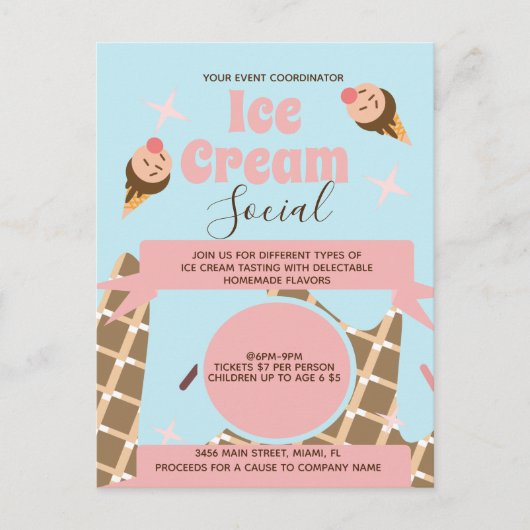 Retro Ice Cream Cone Social Flyers Invitation Roze Briefkaart (Voorkant)