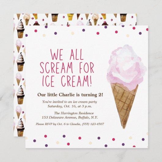 Retro Ice Cream Party met de hand geïllustreerd Kaart (Voorkant / Achterkant)