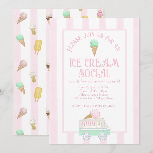 Retro Ice Cream Sociaal Verjaardagsfeest Kaart (Voorkant / Achterkant)