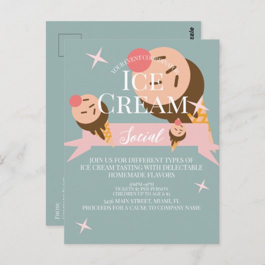 Retro Ice Cream Social Flyer-uitnodiging Briefkaart (Voorkant / Achterkant)