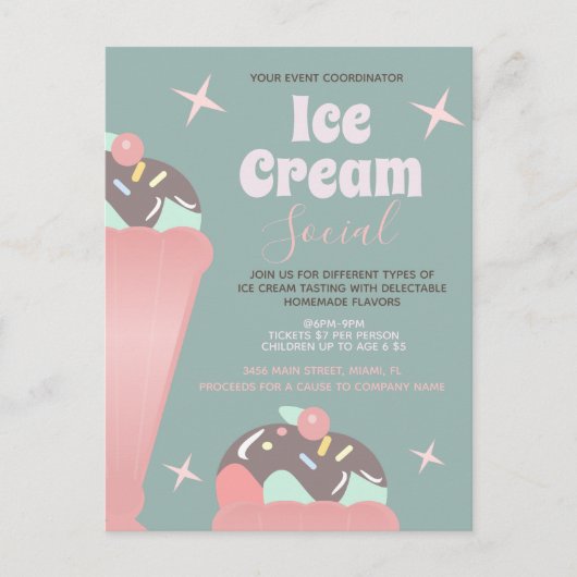 Retro Ice Cream Social Sundae Flyer-uitnodiging Briefkaart (Voorkant)