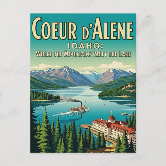  Retro Idaho Lake Coeur d'Alene Briefkaart (Voorkant)
