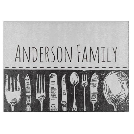 Retro Illustrated Cutlery Personalized Family Snijplank (Voorkant)