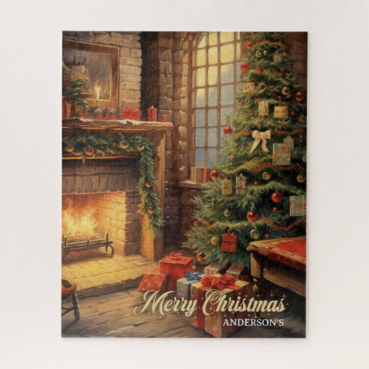  retro illustratie gezellig kerst huis legpuzzel (Verticaal)