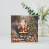 Retro-illustratie Kerstman en kerstboom Feestdagenkaart (Staand voorkant)