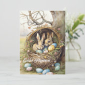 Retro Illustraties bij twee konijnen in mandeieren Feestdagenkaart (Staand voorkant)