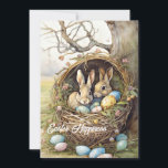 Retro Illustraties bij twee konijnen in mandeieren Feestdagenkaart<br><div class="desc">Dit charmante  paaskonijn heeft een prachtige waterverf Retro Illustrations met twee Wenskaarten in mand en eitjes. Moderne handschrift typografie met de tekst "Pasen Geluk". Violet Prints ©</div>