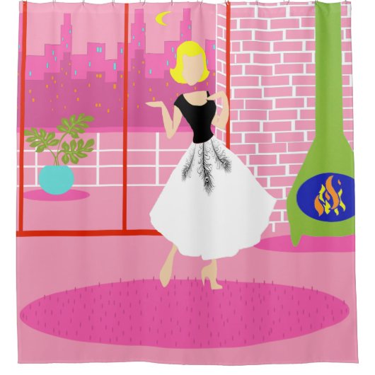 Retro in het roze gordijn van de douche (Voorkant)