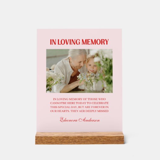 Retro In Loving Memory Photo Wedding Red Pink Acryl Bord (Voorkant)