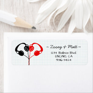 Retro Indie Hoofdtelefoon Hart Bruiloft Rood en Zw Etiket