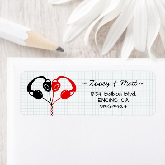 Retro Indie Hoofdtelefoon Hart Bruiloft Rood en Zw Etiket (Insitu)