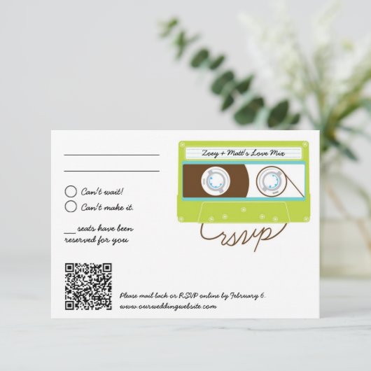 Retro Indie Mixtape Bruiloftsblauw & Limoen RSVP Kaartje (Staand voorkant)