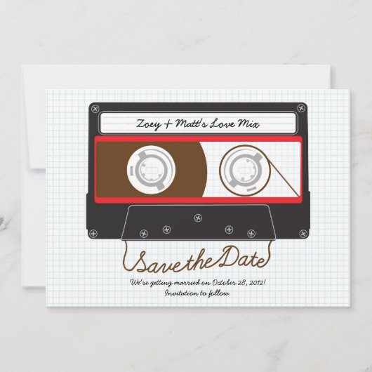 Retro Indie Mixtape Huwelijk Rood, Zwart & Wit Save The Date (Voorkant)