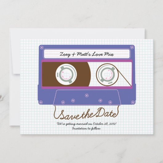 Retro Indie Mixtape Paars / Blauw Bewaar de Datum Save The Date (Voorkant)
