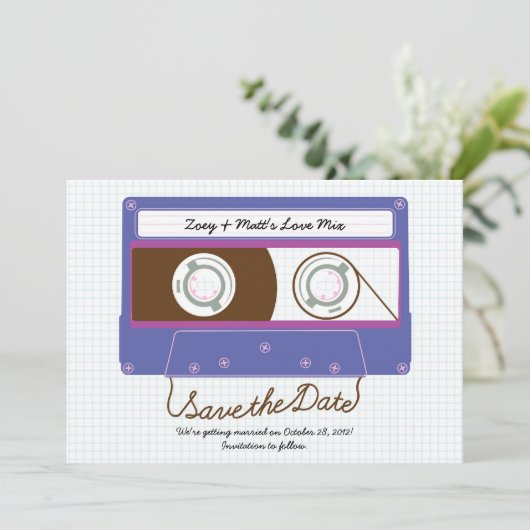 Retro Indie Mixtape Paars / Blauw Save the Date (Staand voorkant)