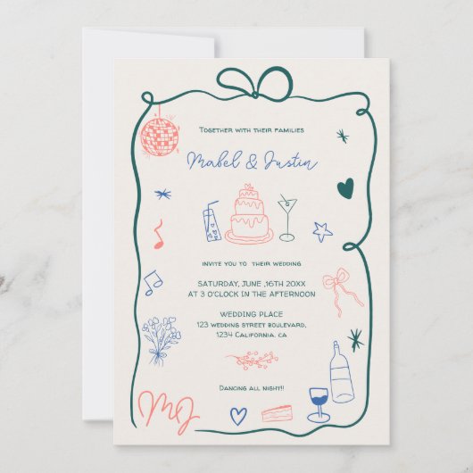 Retro initialen lint geïllustreerde foto bruiloft kaart (Voorkant)