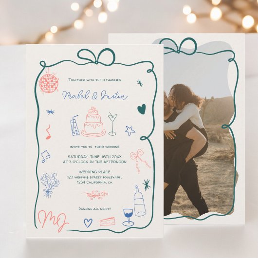 Retro initialen lint geïllustreerde foto bruiloft kaart