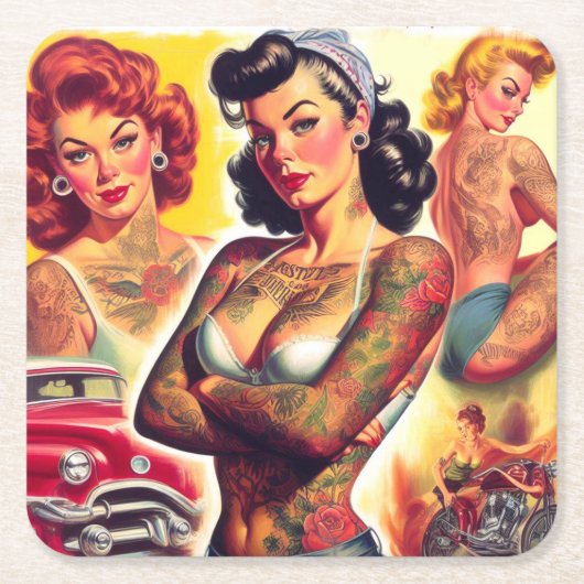 Retro Inked Meisjes Kartonnen Onderzetters (Voorkant)
