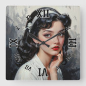 Retro Inspired Portrait of Thoughtful Young Woman Vierkante Klok (Voorkant)
