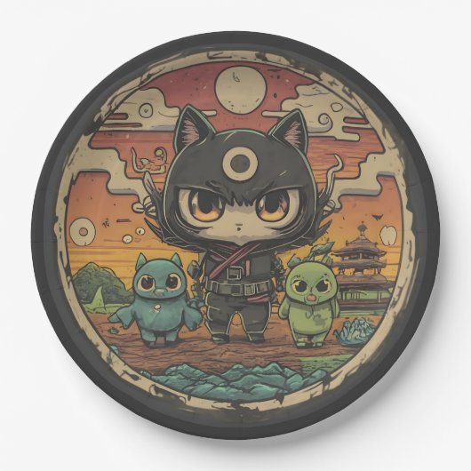 Retro Island vrienden: Ninja Cat Crew Papieren Bordje (Voorkant)