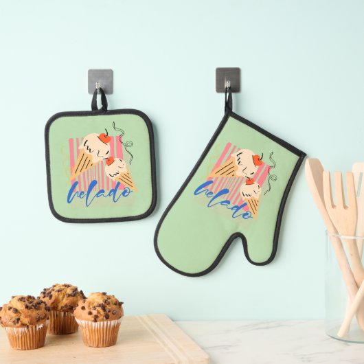 Retro Italiaanse ijsjes Ovenwant & Pannenlap Set (Insitu(Ophanging))