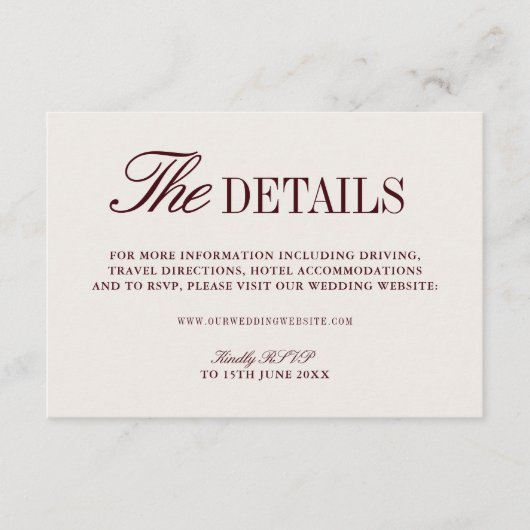 Retro Ivory Beige & Bourgondië Trouwwebsite Informatiekaartje (Voorkant)