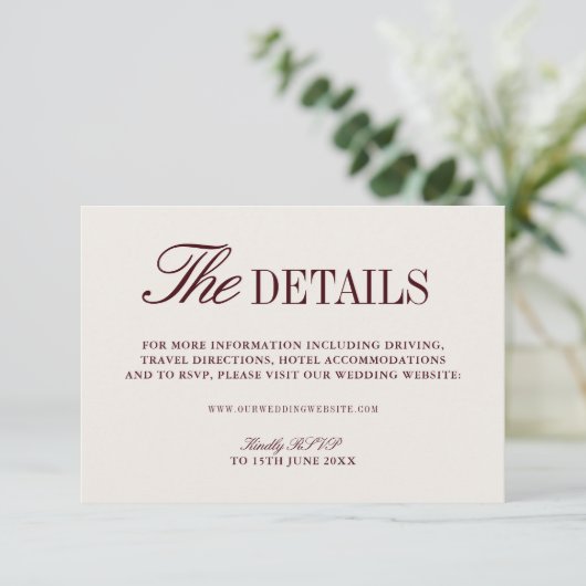 Retro Ivory Beige & Bourgondië Trouwwebsite Informatiekaartje (Staand voorkant)