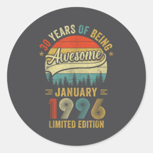 Retro januari 1996 Oude 30e verjaardag Mannen Vrou Ronde Sticker