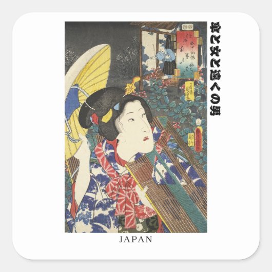 "Retro Japan – Ukiyo-e Art with Authentic Text" Vierkante Sticker (Voorkant)