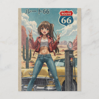 Retro Japanese Anime Girl on Route 66 Vintage Post Feestdagenkaart