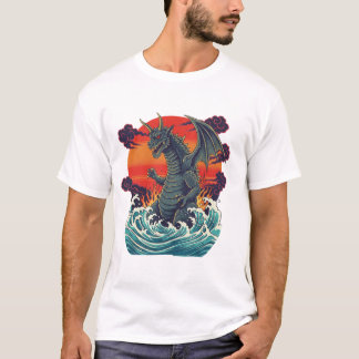 Retro Japanese Monster Great Wave Sunset T-shirt