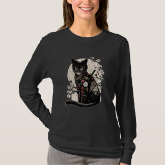 Retro Japanese Samurai Ninja Cat Kawaii Tattoo Des T-shirt