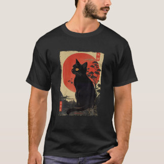 Retro Japans Kunst Zwart Cat Kitten en Ca T-shirt