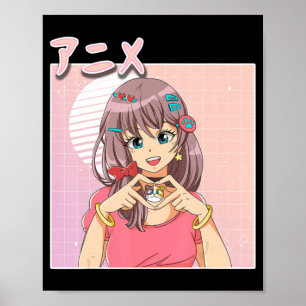 Retro Japans meisje met dampgolf esthetisch roze Poster