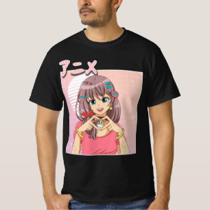 Retro Japans meisje met dampgolf esthetisch roze T-shirt