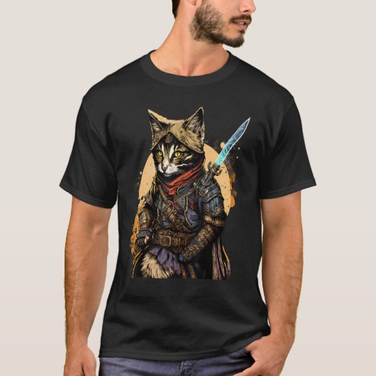 Retro Japans Samurai Cat Bushido Warrior Sword V T-shirt (Voorkant)