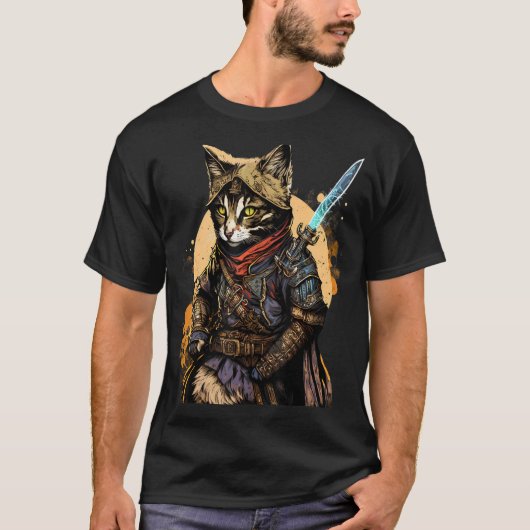 Retro Japans Samurai Cat Bushido Warrior Sword V T-shirt (Voorkant)