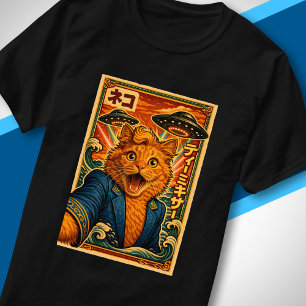 Retro Japans UFO Alien Grappige Cute Kat Portret T-shirt